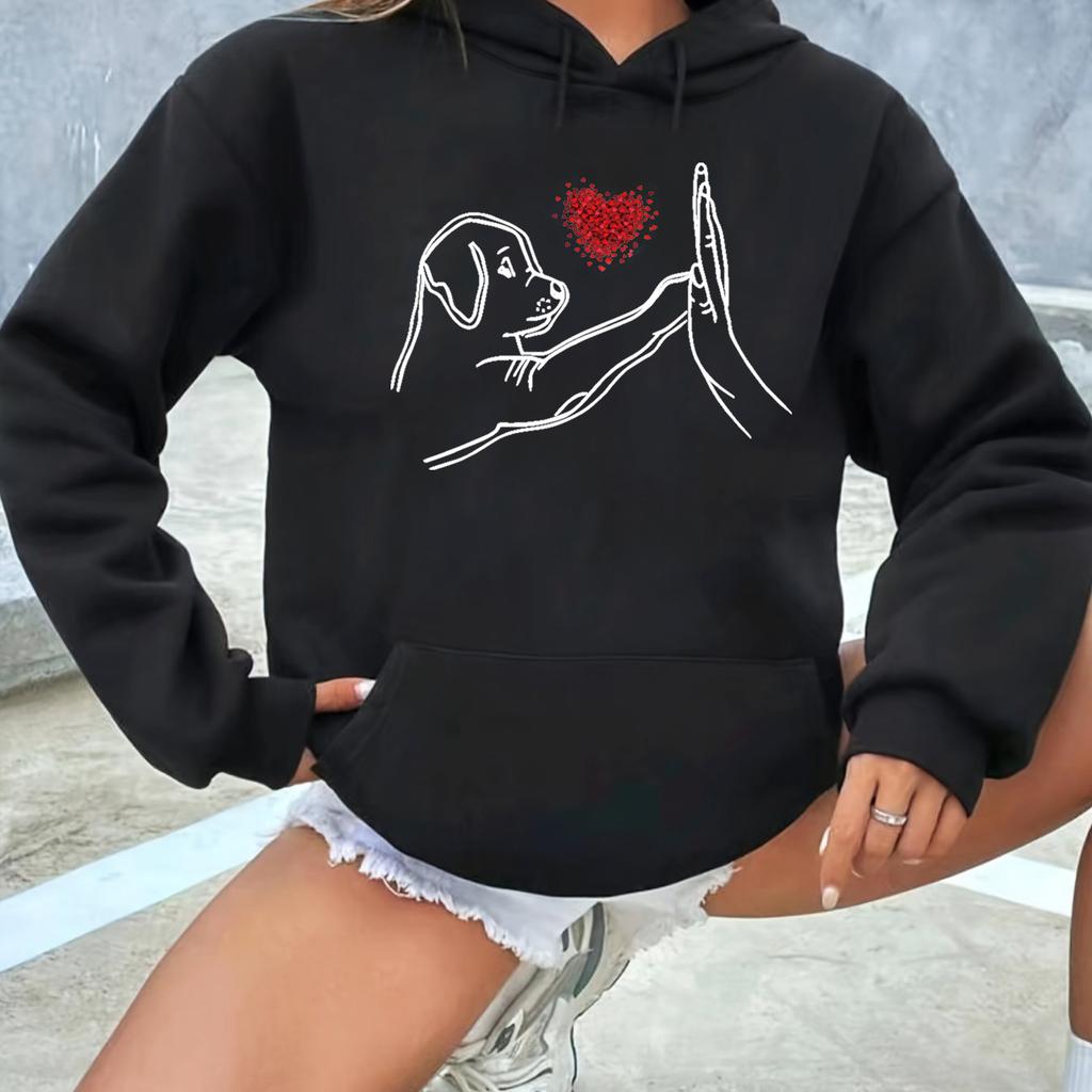 Women's autumn and winter warm loose casual and dog high five pattern printed suede long sleeved hooded sweatshirt
