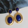 New Design Inlaid Lapis Lazuli Oval Hollow Earrings Exaggerated Punk Style Retro Ancient Gold Craftsmanship Women's Jewelry