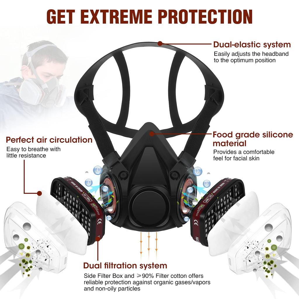 6200 Dust Gas Mask Anti-fog Safety Goggles Black Half Face Gas Respirator Epoxy Resin Painting Spray Polishing Work Safety