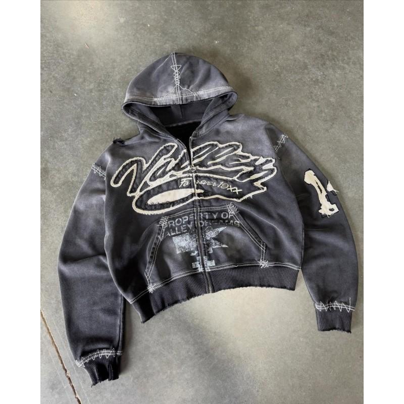 Womens Loose Fit Graphic Print Hoodie Streetwear Hip Hop Style Vintage Distressed Black Sweatshirt