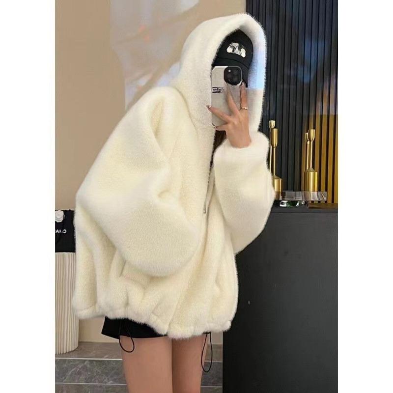 Пальто из искусственного меха для женщин, повседневная толстовка с капюшоном, свободная, пушистая, утолщенная, теплая, женская зимняя мода, однотонная, на молнии, теплая верхняя одежда для женщин