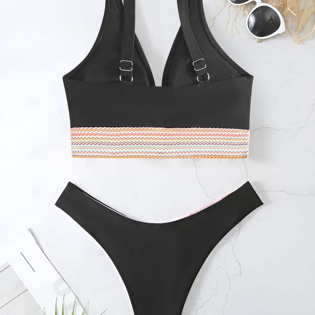 Wave Webbing Patch Low Waist Sexy Two Piece Bikini Set Elegant