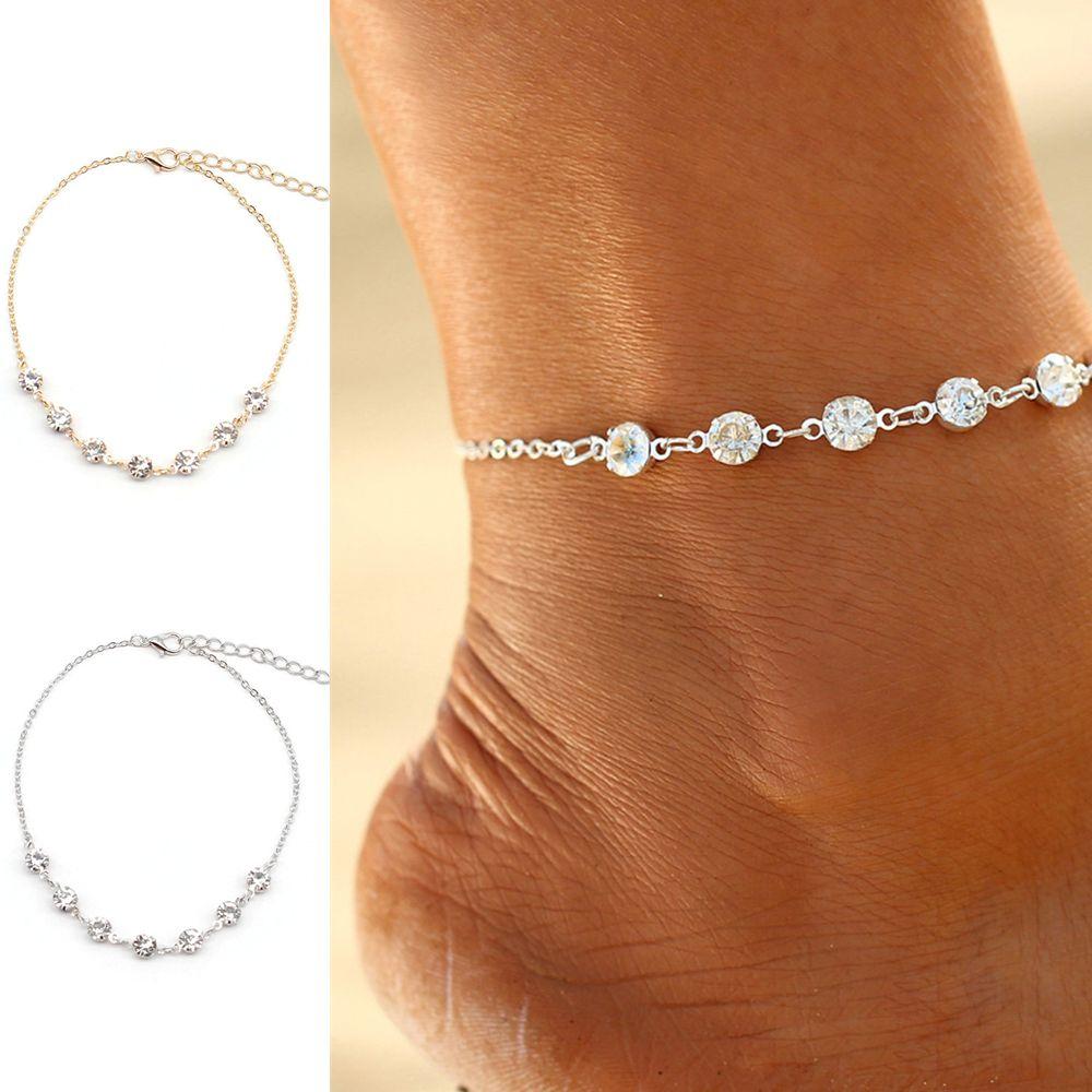 Silver Adjustable Summer Beach Jewelry Birthday Gift Barefoot Sandal Rhinestone Anklets Foot Chains