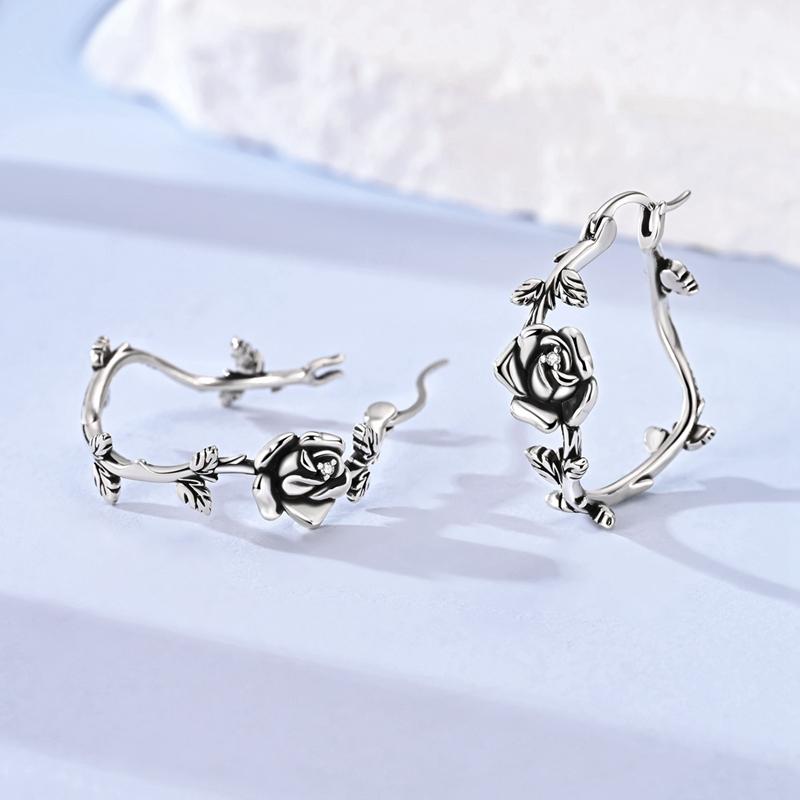 Original 925 Sterling Silver Thorny Rose Earrings Ring Bracelet Set For Women Fashion Personalized Black Rose Jewelry Gift