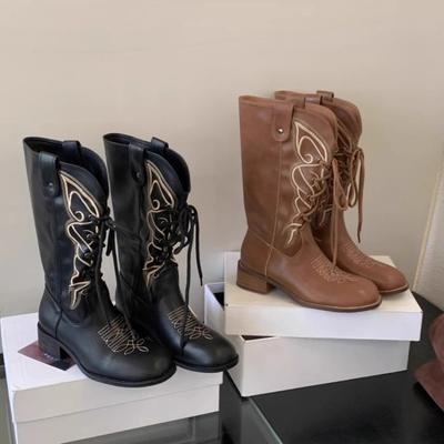 Модные вышитые туфли на шнуровке с блочным каблуком, осенняя новинка, с круглым носком, мягкой подошвой, нескользящие, износостойкие, на низком каблуке