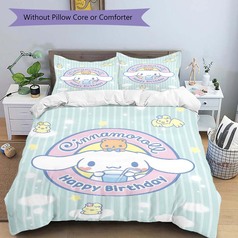 3pcs Cinnamoroll's Sweet Birthday Celebration Printed Duvet Cover Set (1 * Cover+2 * Pillowcase, Without Core), Suitable for Home Bedroom, Guest