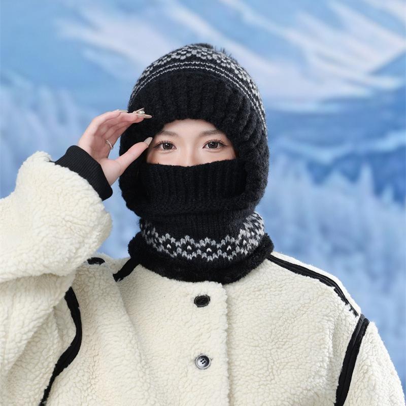 Love Jacquard Warm One-piece Hat Women's Winter Plush Pullover Ear Protection Plush Line Scarf One-piece Hat