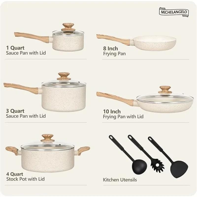 Набор из 12 кастрюль и сковородок, наборы посуды с антипригарным покрытием, гранитная индукционная посуда, набор посуды с антипригарным покрытием и сковородами - белый