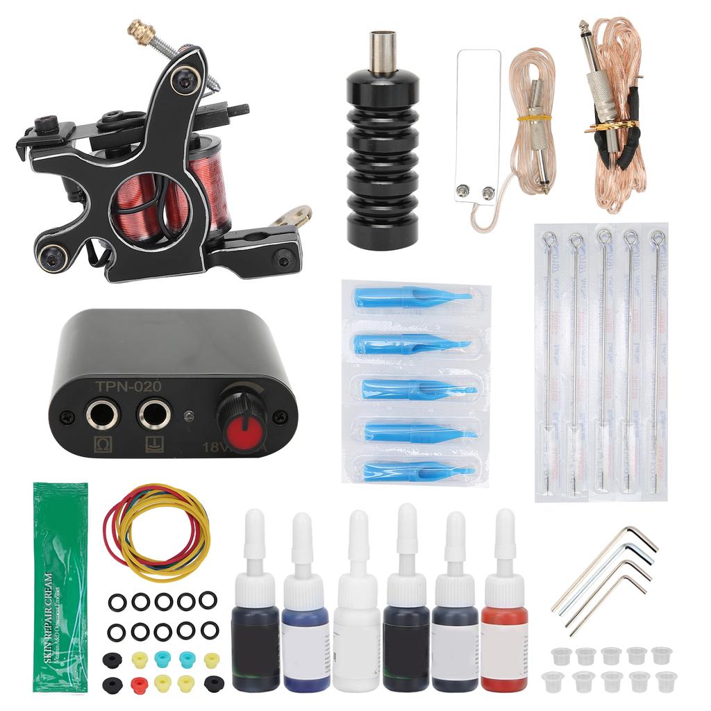 Complete Tattoo Machine Kit Power Supply Needles Tips Handles Tattoo Supplies for Beginners