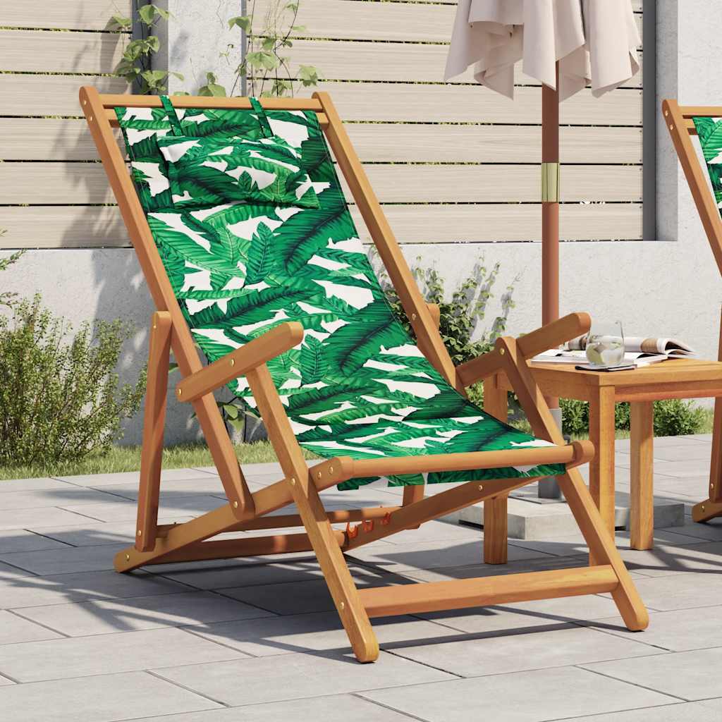 Folding Beach Chair with Leaf Pattern Solid Eucalyptus Wood Frame Fabric Seat
