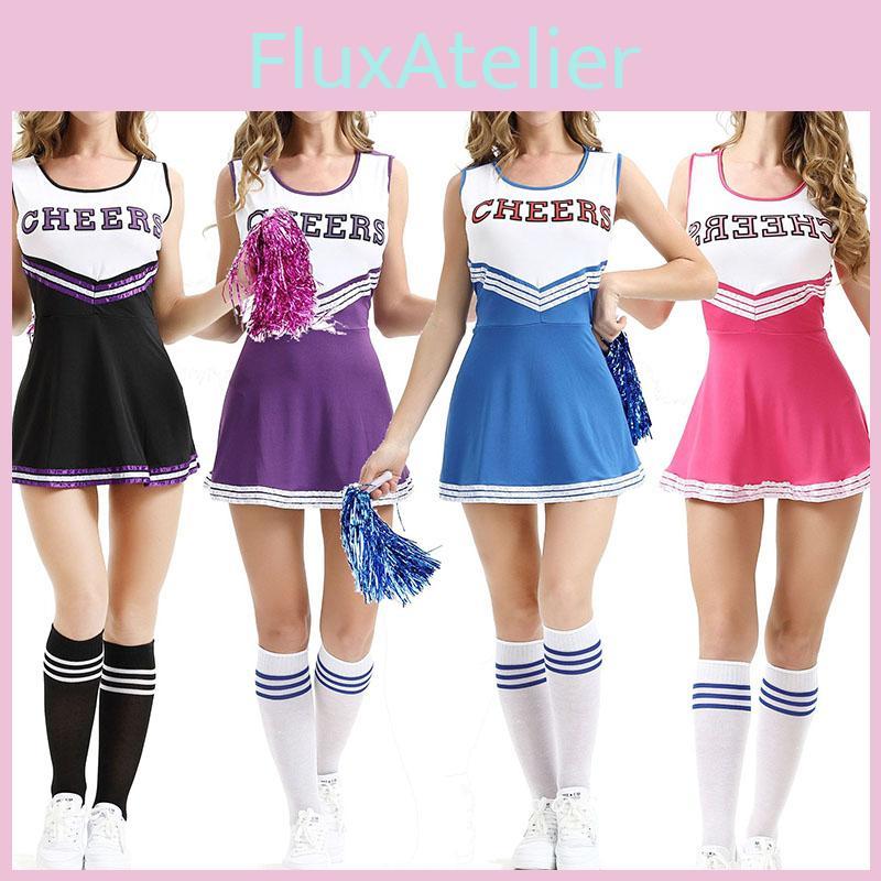 Cheerleader Fancy Dress Outfit Uniform Cosplay Costume With Pom Poms School High