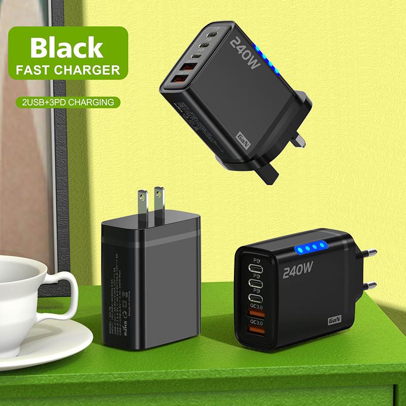 240 Вт 5-портовый GaN Адаптер Быстрой Зарядки USB C PD QC3.0 Портативный для Международных Путешествий Зарядка Нескольких Электронных Устройств