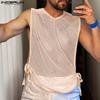 Summer Men Sleeveless Side Lace-up Hollow See Through Beach Tank Tops