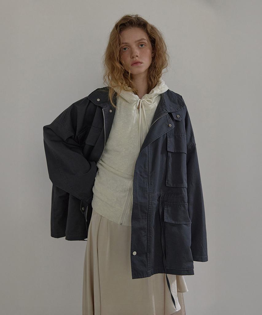 LONQUE High Neck Washed Work Jacket (Charcoal)