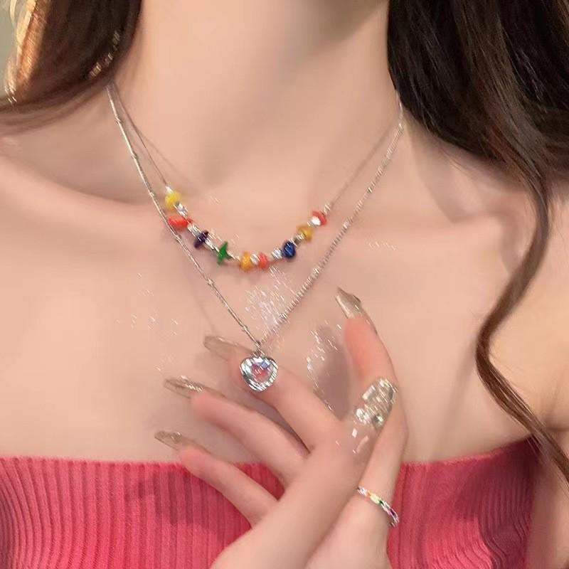 Double-Layer Rose Zircon Sweater Necklace: Elegant Summer Clavicle Chain, Women's Light Luxury High-End Accessory.