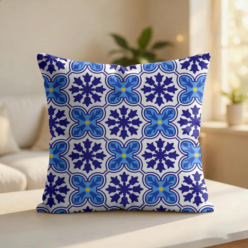 Blue Tile Pattern Cushion Cover Silky Short Plush Invisible Zipper Dustproof Sofa Pillow Case For Home Decor