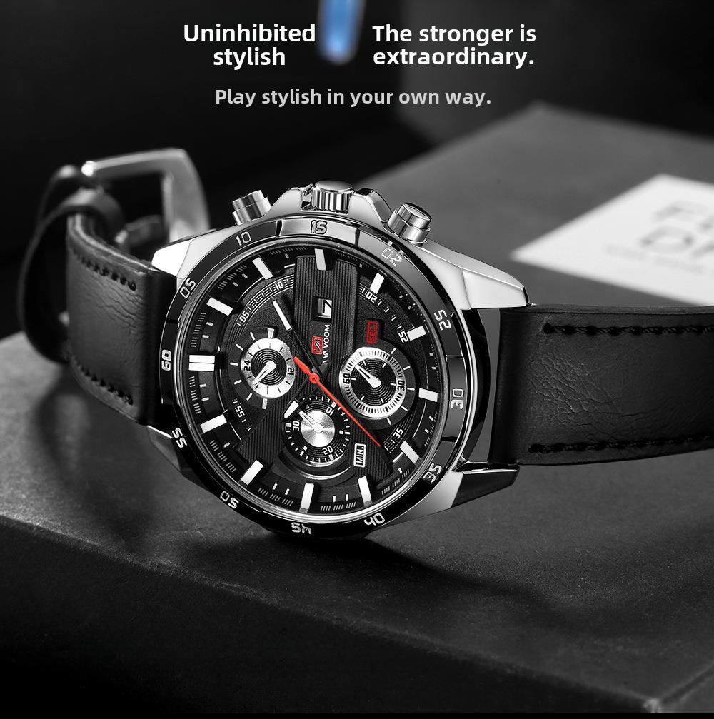 Мужские водонепроницаемые кварцевые часы для спорта на открытом воздухе с календарем и кожаным ремешком