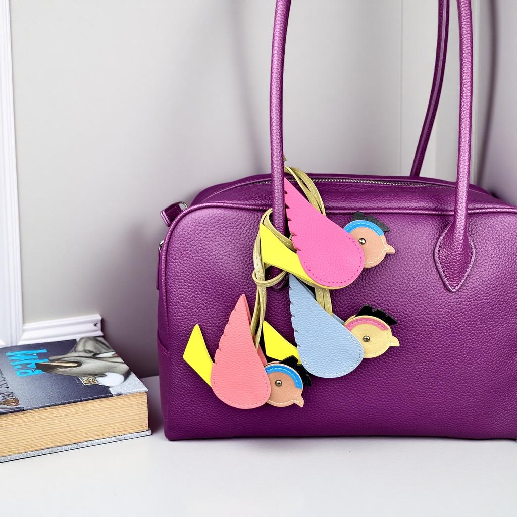Cute Palm-Sized 3D Leather Bird Bag Charm - Colorful Stitched Leather Patchwork Pendant for Handbags with Vivid Bird Shape