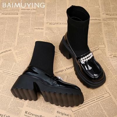 Платформа вязаные женские зимние ботильоны на высоком каблуке жемчужные кожаные туфли женские 2025 тренд зимние готические носки челси Botas De Mujer