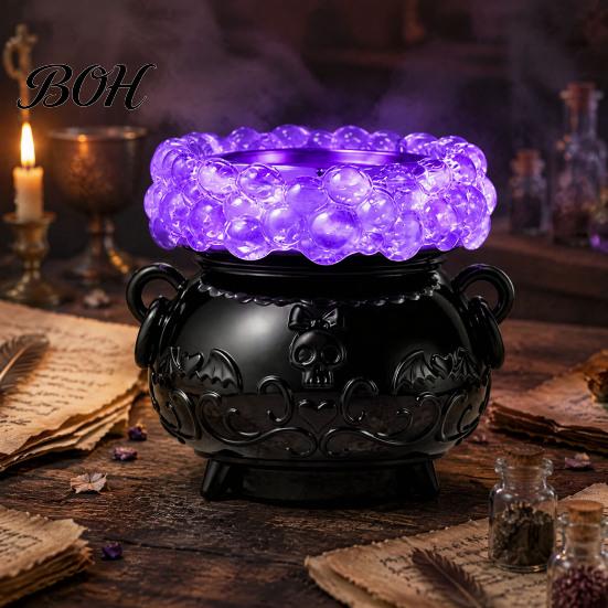 Decorative Mantle Accents Halloween Cauldron LED Bubble Light Decor, Color Changing Witch Potion Lamp with Decor Purple Light, Spooky Gothic Tabletop