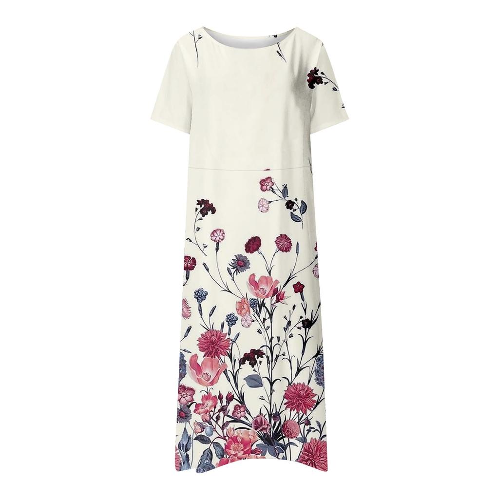 Women's Summer Casual Fashion Flower Printed Short Sleeve Round Neck Pocket Dress