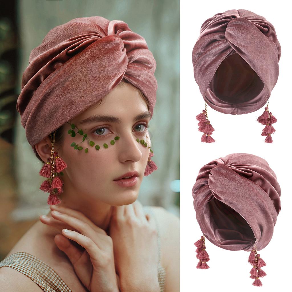 New Spring Women's Bohemia Velet Turban Tassel Head Wrap Cap European American Retro Style Boho Cross Beanie Hat