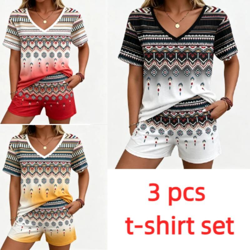 Summer Fashion Ethnic Style Pattern Printed V Neck Short Sleeved T-Shirt And Shorts Set Men's and Women's T-shirt Shorts Set