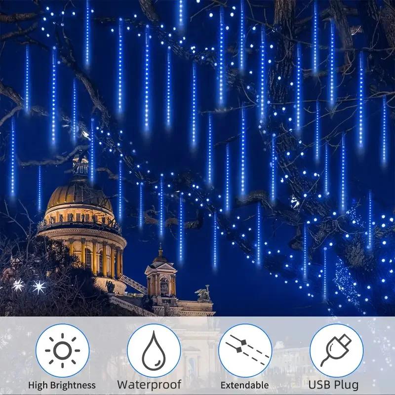 192 светодиодные гирлянды с питанием от сети ЕС, динамический метеоритный дождь и ледяная полоса для Рождества, Нового года, идеально подходят для украшения дома и двора