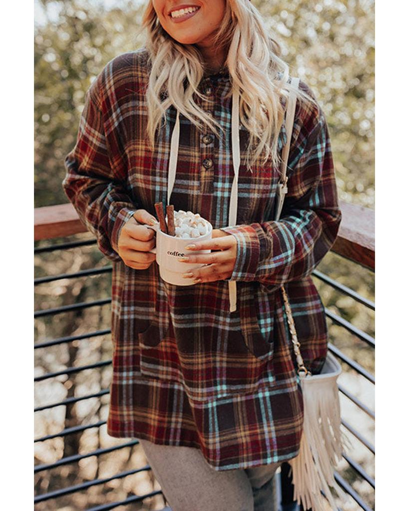 Azura Exchange Red Plus Size Plaid Kangaroo Pocket Drawstring Hoodie