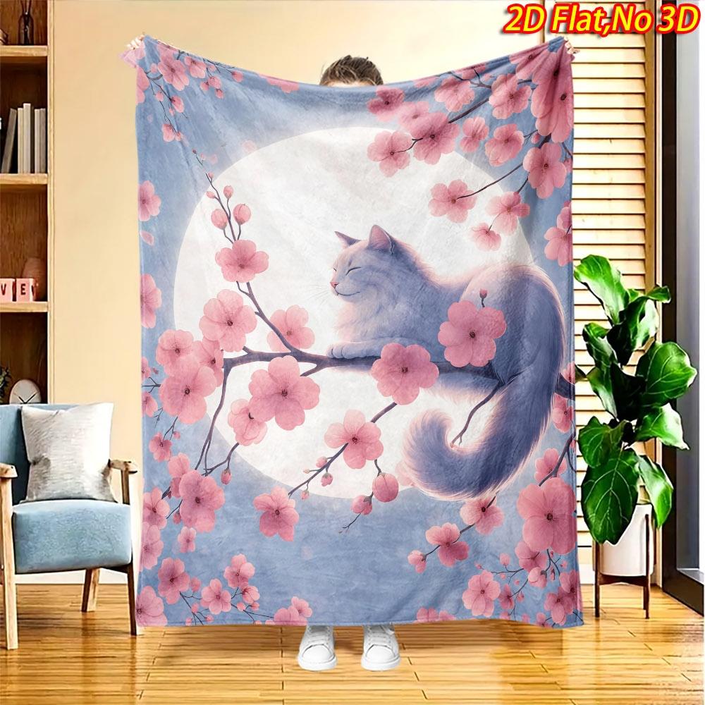 1pc 2D Flat Printing Spring & Summer New Arrival Digital Print Blanket with Cat Resting on a Cherry Blossom Branch Under the Moonlit Night Pattern, Su