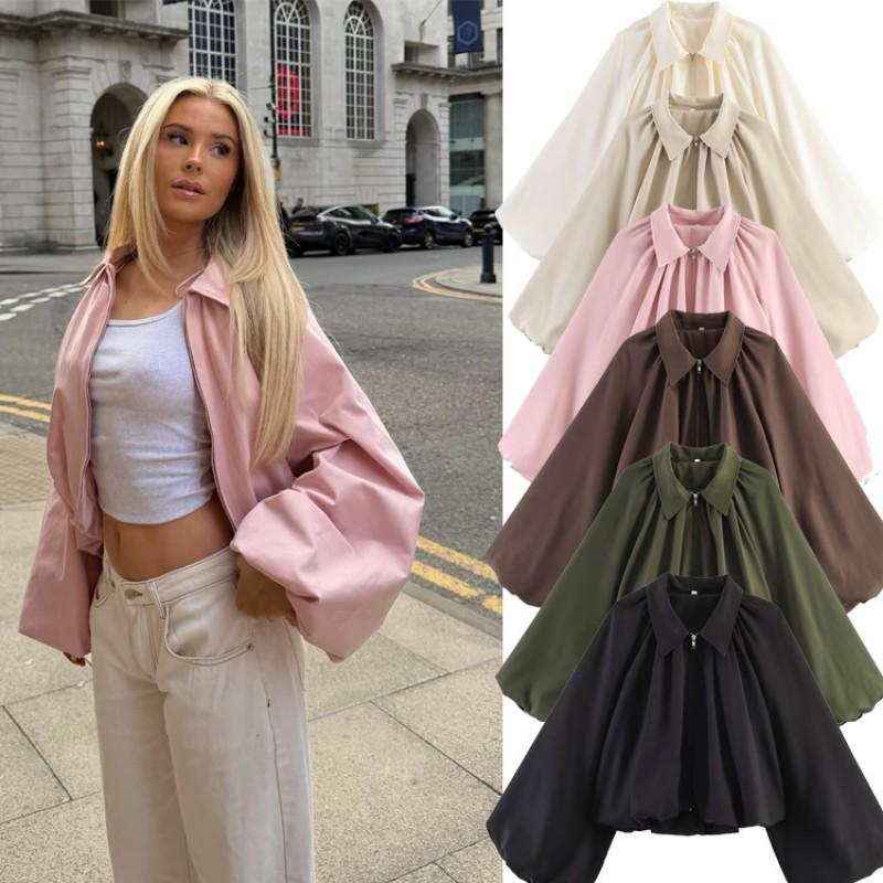 Womens Loose Fit Balloon Sleeve Blazer Jacket Solid Color Street Style Short Coat
