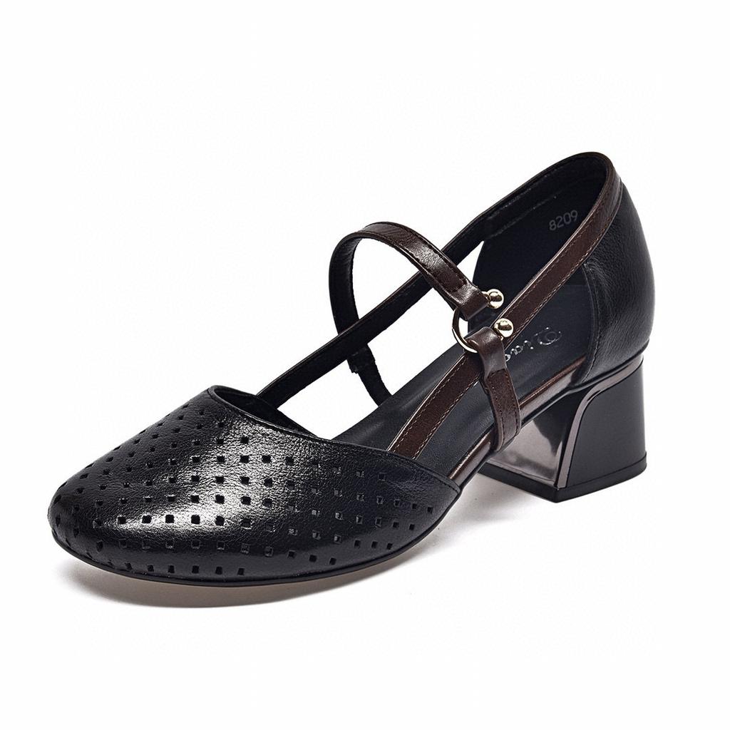 High-heeled Sandals Women's Summer Color Matching Hollow Sandals Round Head Punching Hollow Middle Heel Top Layer Cowhide Fashion Shoes