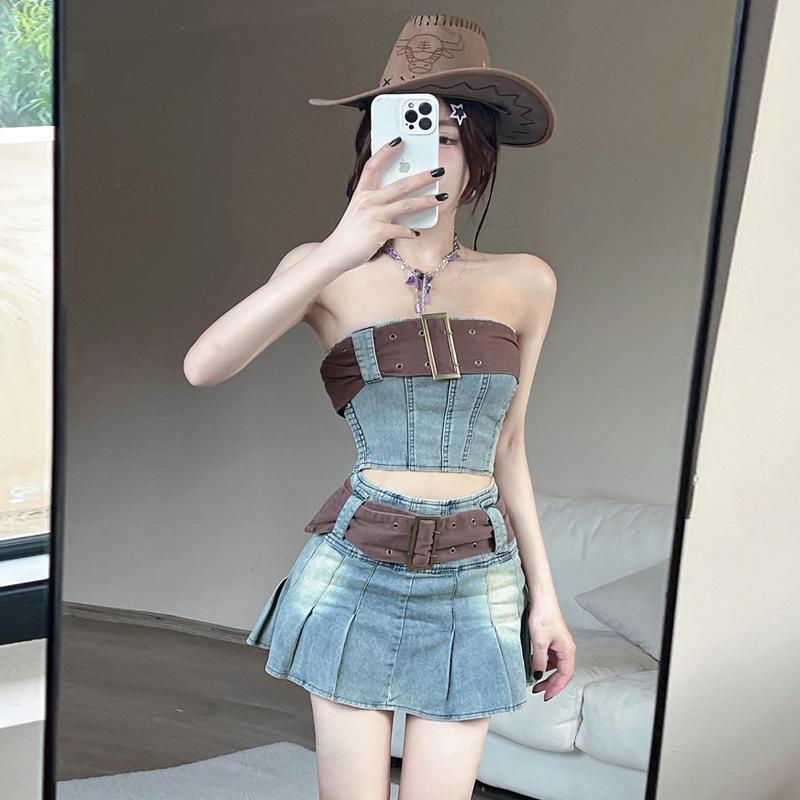 Women's Vintage Spice Girl Belt Top High Waist Skirt Set