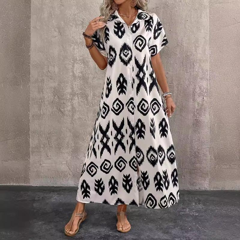 Летнее элегантное женское платье с разрезом и геометрическим принтом, длинное платье-рубашка