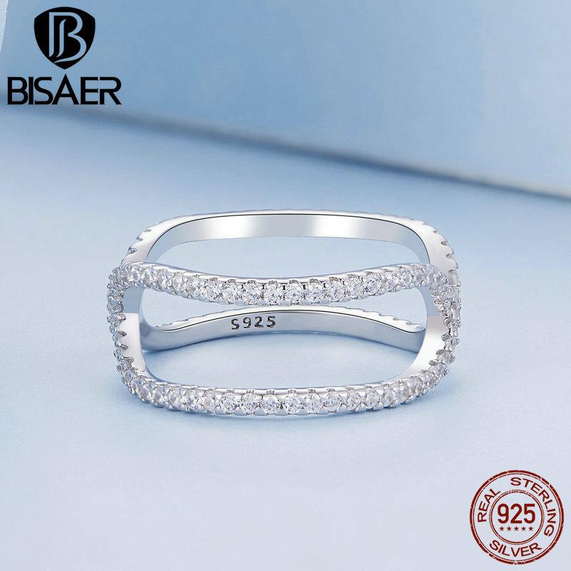 Bisaer Двухслойное кольцо на палец из стерлингового серебра 925 пробы с геометрическим узором для женщин, ювелирные украшения с фианитами в оправе из камня