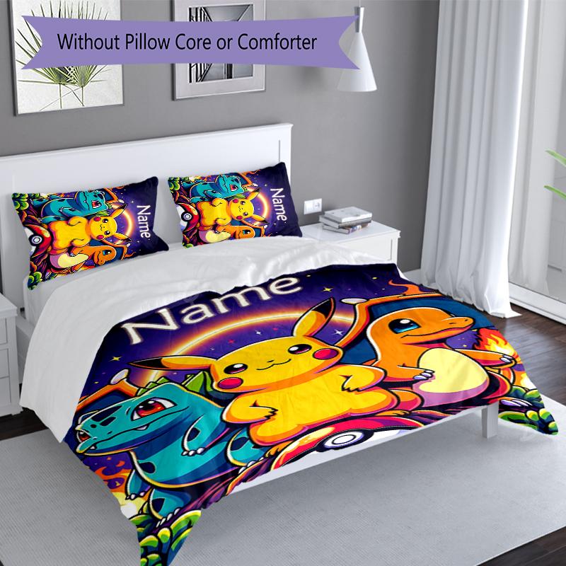 3pcs Custom Name Pokémon Pikachu Bedding Set,Includes 1 Duvet Cover and 2 Pillowcases,All-season Bedroom Decor