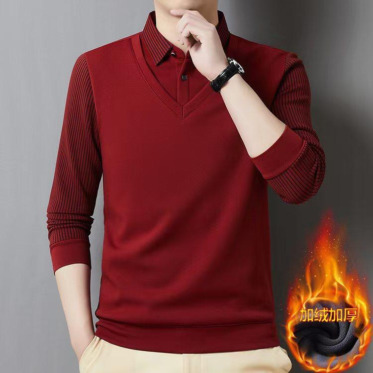 Осень Зима Мужской Пуловер с Воротником Поло Полосатый Флис Толстый Приталенный Топы Поддельный Двойка Трикотаж Деловые Повседневные Свитера