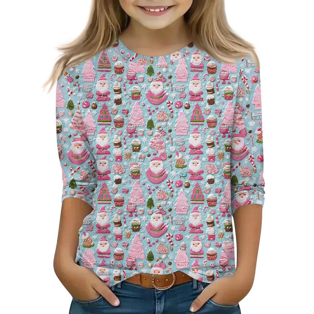 Детские топы с рукавом 3/4, повседневная футболка с рождественским принтом, пуловер с круглым вырезом