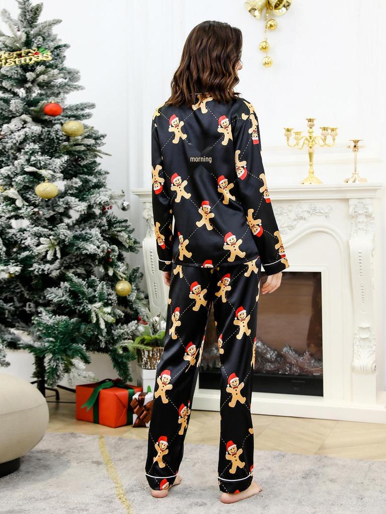 Индивидуальный Рождественский Пижамный Комплект из Искусственного Шелка - С Длинным Рукавом и Брюками для Семьи