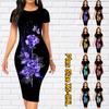 Slim Short Sleeve Knee-length Dress Fashion Women Midi 3D Flowers In the Dark Print Dress