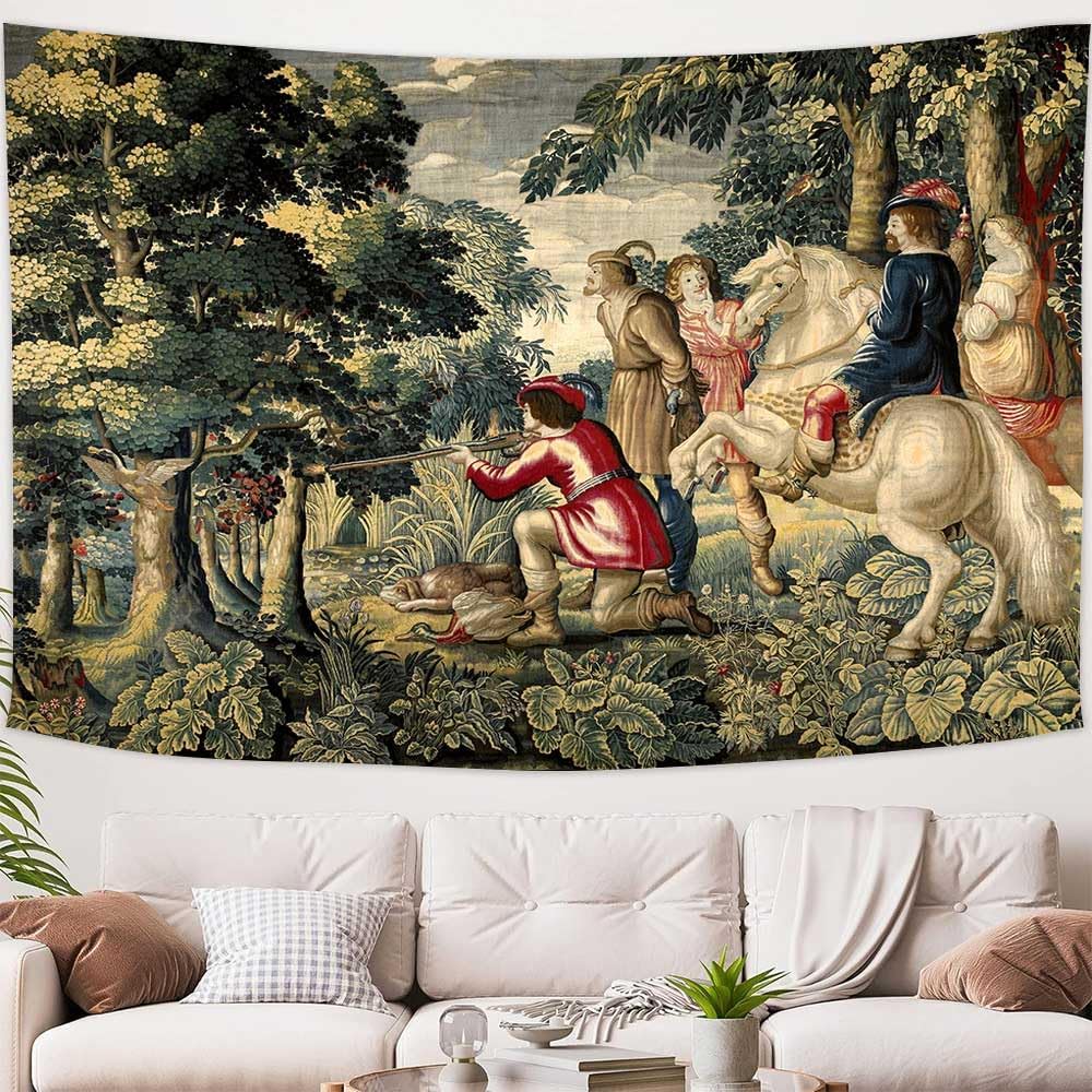 Medieval Hunting Tapestry,Classic Renaissance Style Print with Noble Hunters,Horses and Forest Scene Wall Hanging for Home Decor