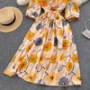 Летнее женское винтажное платье с принтом, элегантное трапециевидное платье миди с v-образным вырезом и пышными рукавами и высокой талией, женские пляжные платья для отдыха