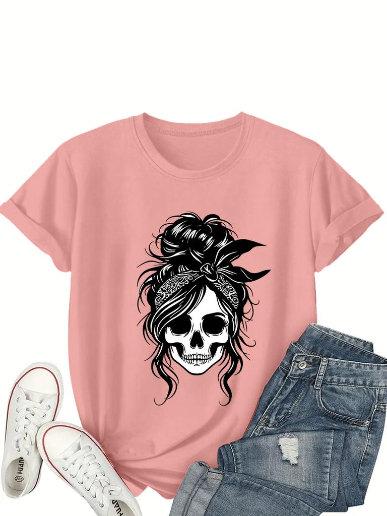 Skeleton Flower Loose Cotton Printed Unisexs and Womens Personalized Short Sleeved Summer New Fashionable Casual Tshirt