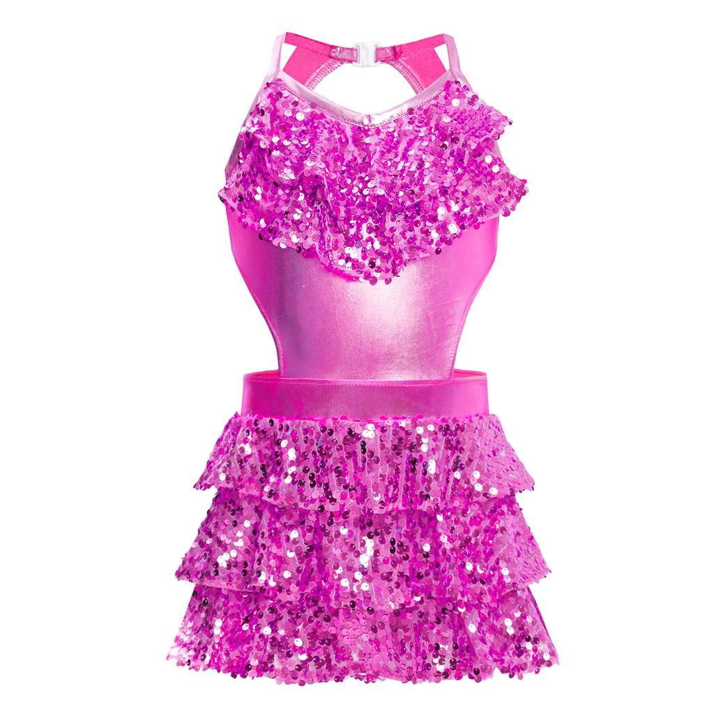 Girls Tiered Ruffle Sequins Dance Dress V Neck Sleeveless Cutout Metallic Design Stage Performance Gown