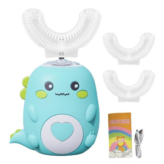 Детская U-образная ультразвуковая электрическая зубная щетка с 2 силиконовыми насадками, водонепроницаемая IPX7, автоматическая, мультяшный динозавр, для малышей, мальчиков, девочек, перезаряжаемая