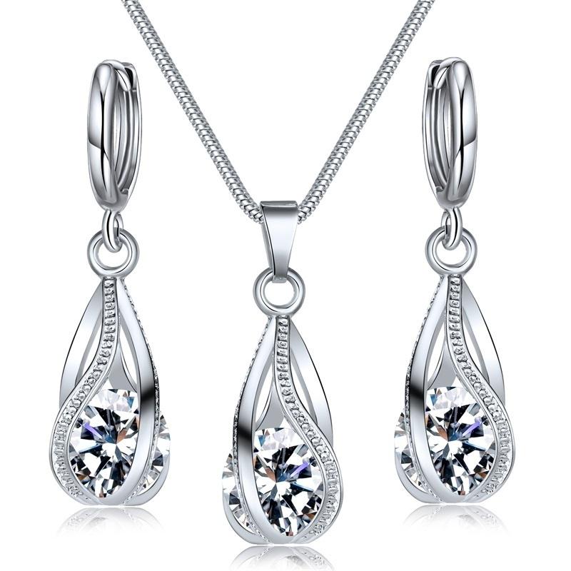 Crystal Water Drop Pendent Necklace Earrings Jewelry Set for Women Bridal Wedding Halloween Gift ARI