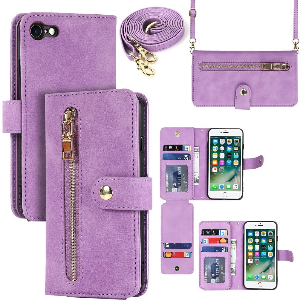 Stand Case for iPhone SE (2022)/(2020)/8/7 PU Leather Phone Cover with Straps/Zipper Wallet/Multiple Card Slots