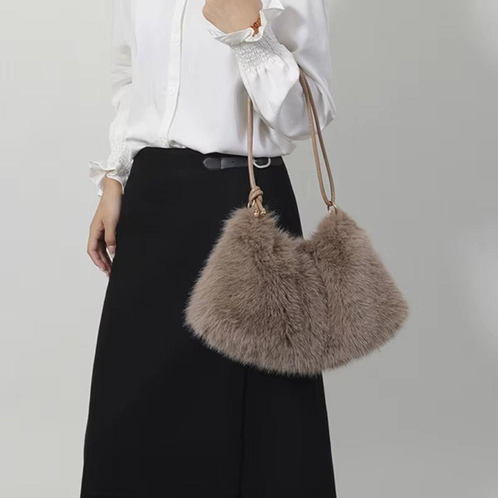 Solid Color Faux Fur Hobo Bag Warm Women Handbag Casual Fluffy Shoulder Bag  Daily