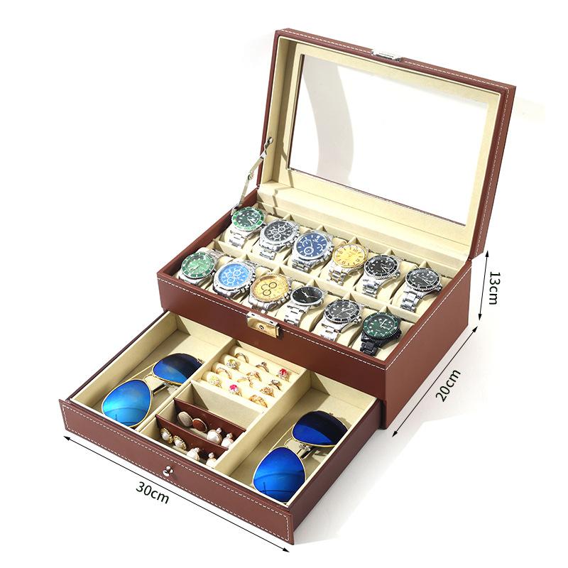 12-слотовые запирающиеся коробки для хранения часов из искусственной кожи, мужские и женские ювелирные изделия, ящик для показа, двухъярусный органайзер, витрина для часов