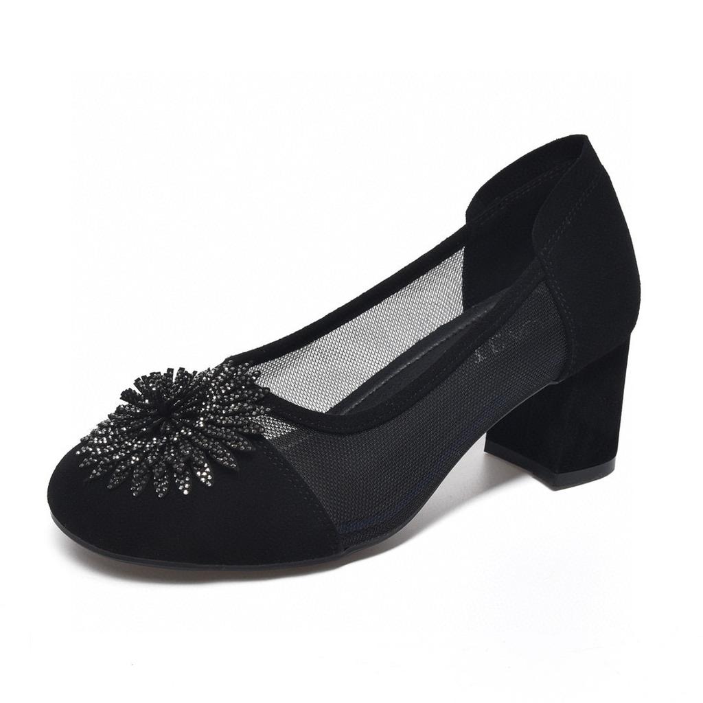 Round Head Mesh Single Shoes Women's Spring and  New Black Sheepskin Sunflower Two Kinds of High-end Fashion Shoes